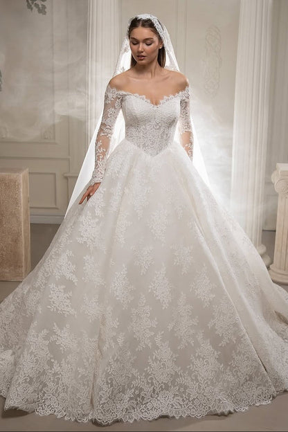 Off-Shoulder Lace Ball Gown Wedding Dress