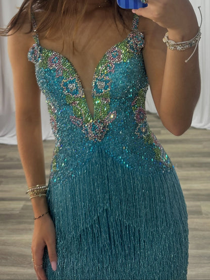 Rhinestone Fringe Mini Dress with Plunging Neckline