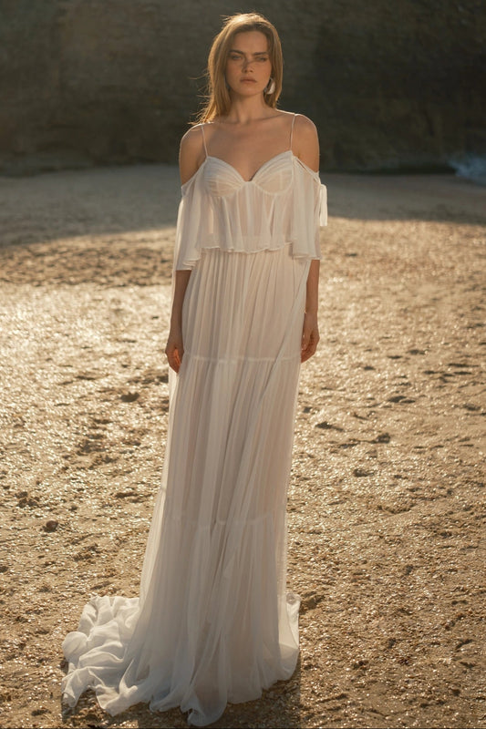 Off-the-Shoulder Tiered Chiffon Wedding Dress