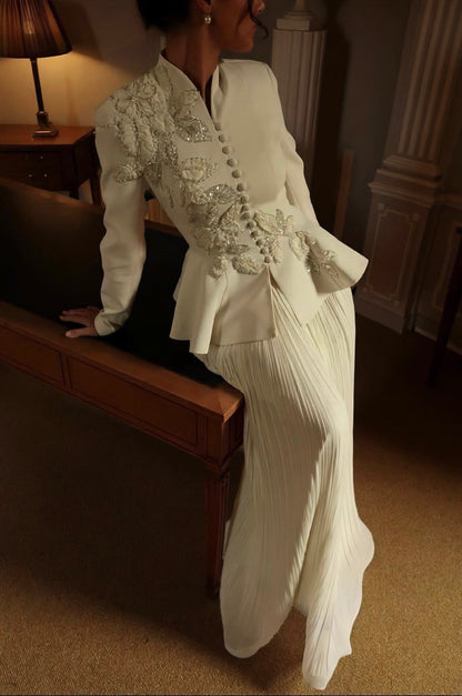 Embroidered Peplum Jacket & Pleated Maxi Dress Set