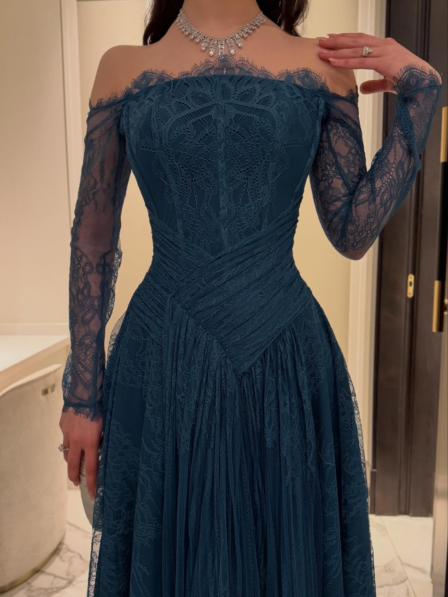Off-Shoulder Lace Long Sleeve Evening Gown