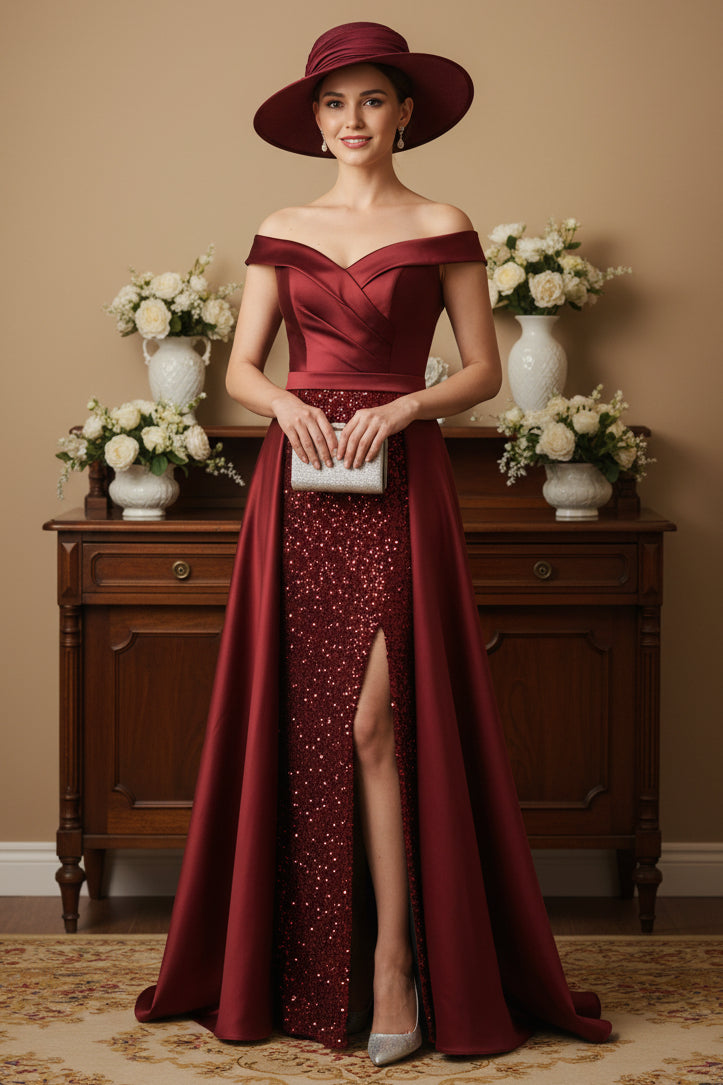 Burgundy Off-Shoulder Satin & Sequin Plus Size Evening Gown with High Slit and Train