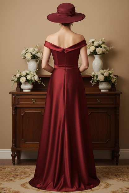 Burgundy Off-Shoulder Satin & Sequin Plus Size Evening Gown with High Slit and Train