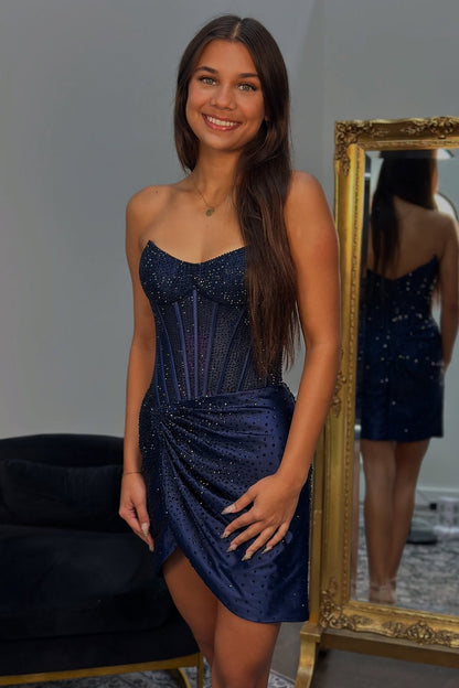 Strapless Crystal Corset Wrap Mini Dress