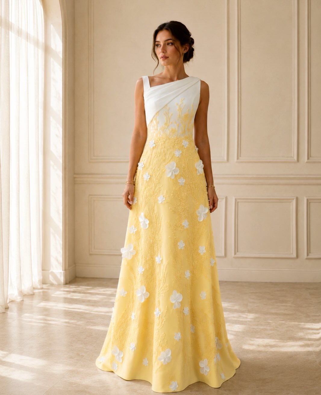 Asymmetrical One-Shoulder 3D Floral A-Line Gown