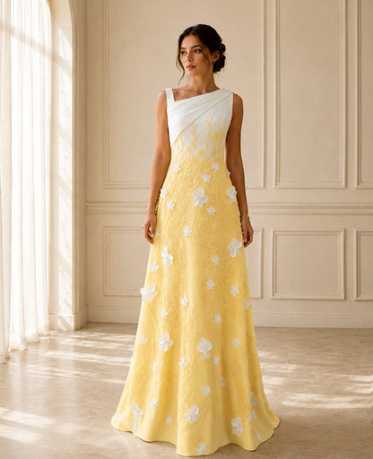 Asymmetrical One-Shoulder 3D Floral A-Line Gown