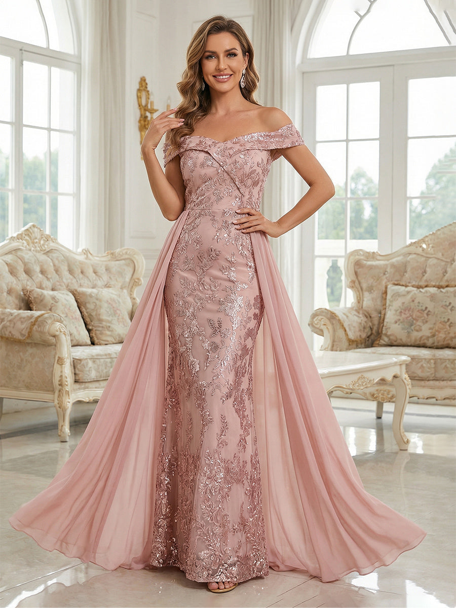 Off-the-Shoulder Lace Mermaid Gown with Overskirt