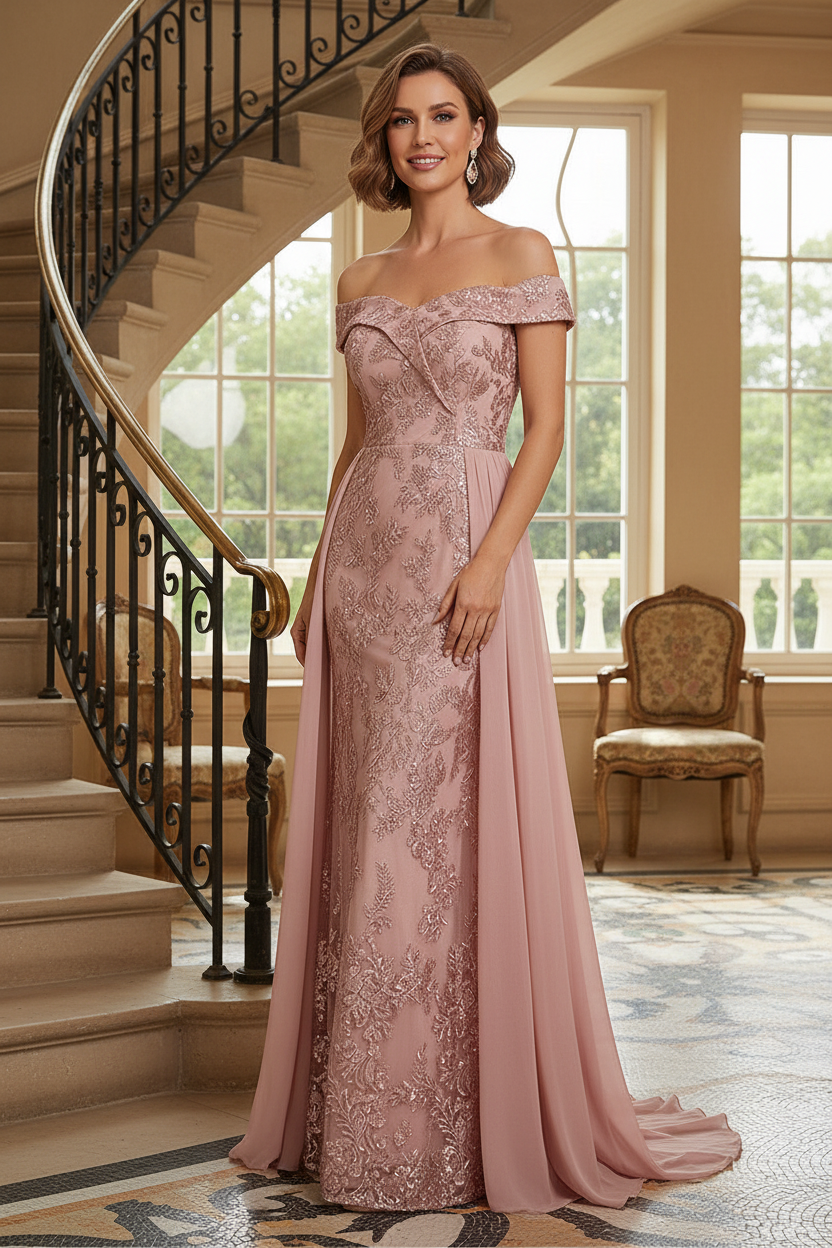 Off-the-Shoulder Lace Mermaid Gown with Overskirt