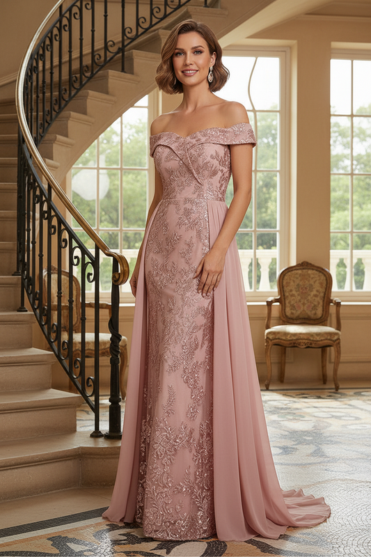 Off-the-Shoulder Lace Mermaid Gown with Overskirt