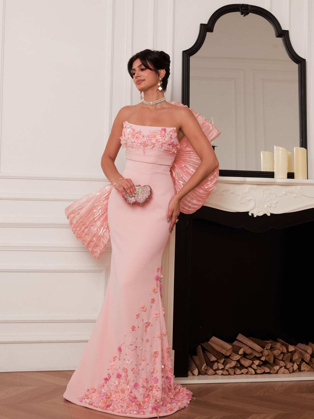 Strapless Floral Applique Gown with Statement Back