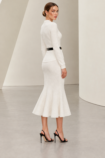 Long Sleeve Buttoned Knit Midi Dress with Belt