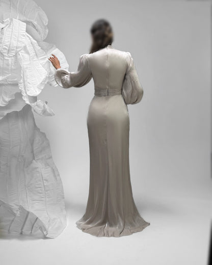 Elegant High-Neck Draped Evening Gown with Balloon Sleeves