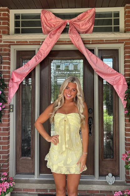 Strapless Floral Textured Mini Dress with Tie Front