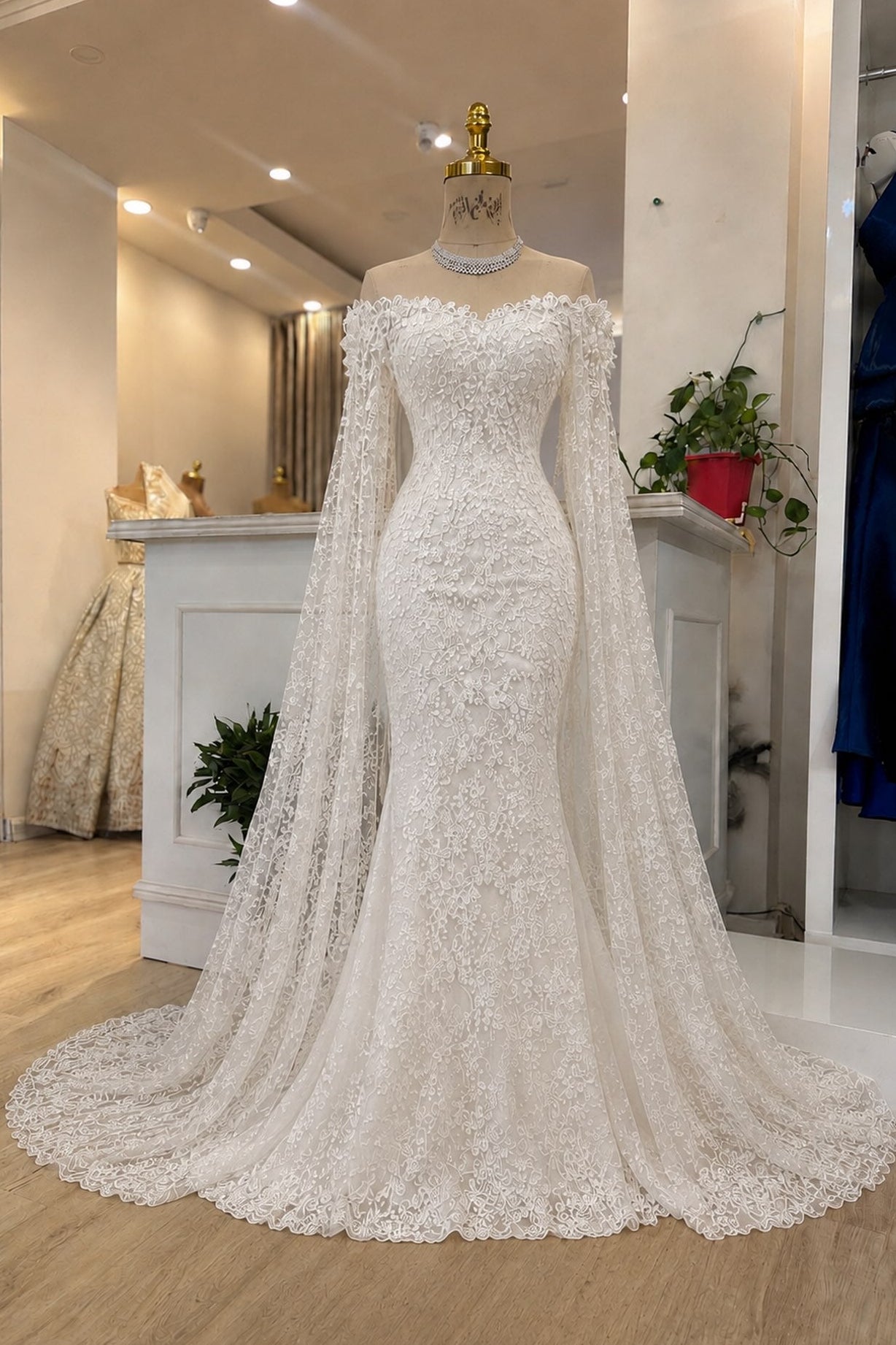 Lace Mermaid Wedding Dress with Cape Sleeves