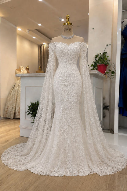 Lace Mermaid Wedding Dress with Cape Sleeves