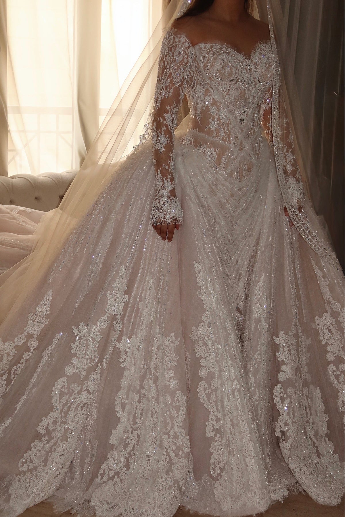 Off-the-Shoulder Beaded Lace Ball Gown Wedding Dress