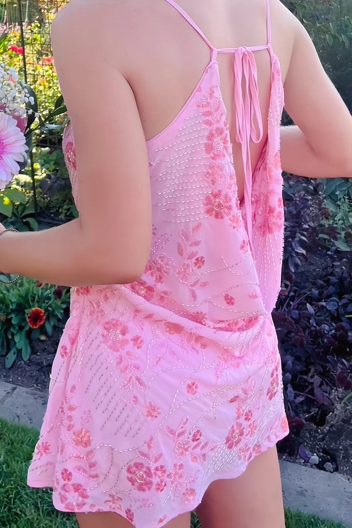 Floral Beaded Cowl Neck Mini Dress