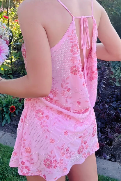 Floral Beaded Cowl Neck Mini Dress