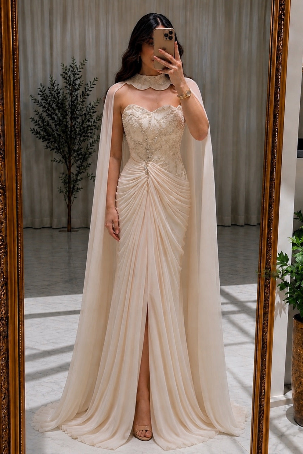 Strapless Embellished Gown with Draped Cape
