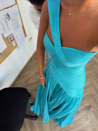 Asymmetric Pleated Chiffon Gown with Cape