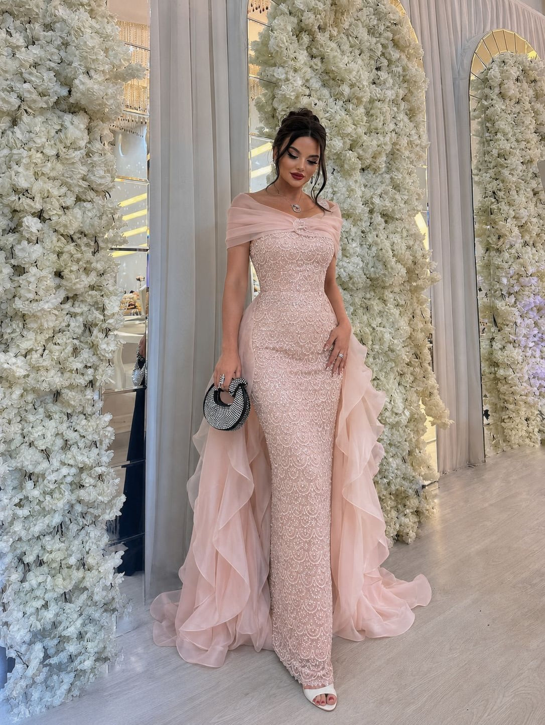 Off-Shoulder Lace Evening Gown with Ruffled Train
