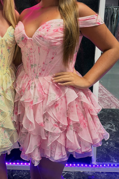 Off-The-Shoulder Tiered Floral Ruffle Mini Dress