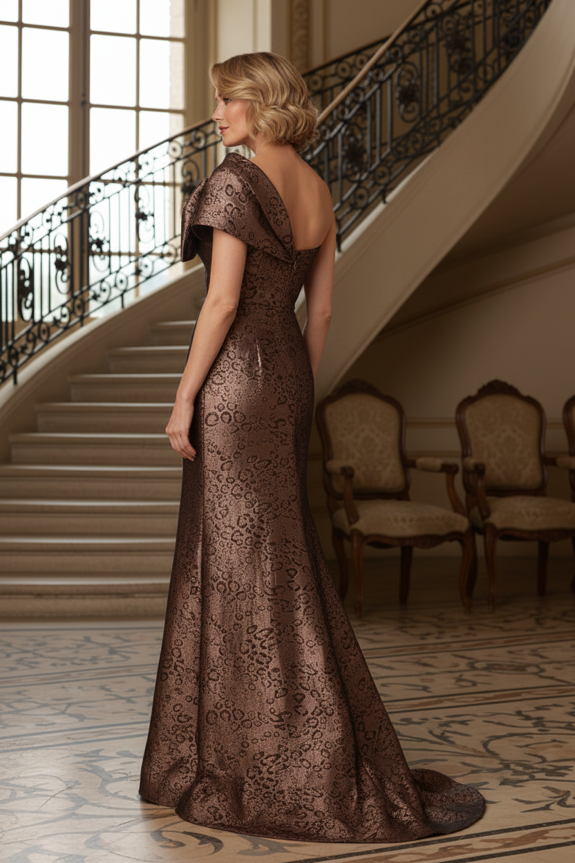 One-Shoulder Bow Jacquard Evening Gown