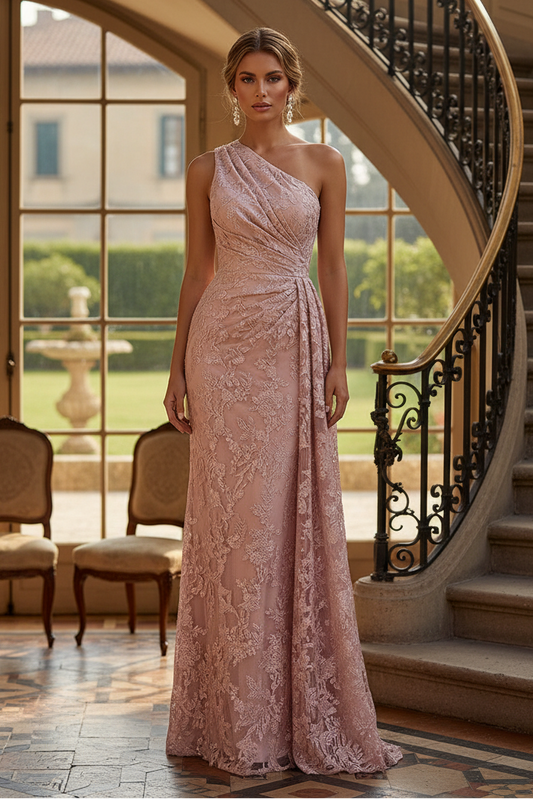 One-Shoulder Lace Maxi Dress with Side Draping