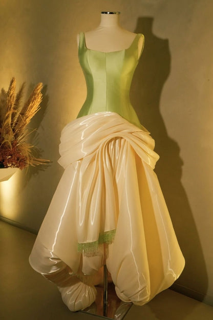 Satin Corset Gown with Draped Bubble Skirt