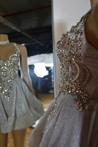 Glitter Halter Mini Dress with Beaded Bodice