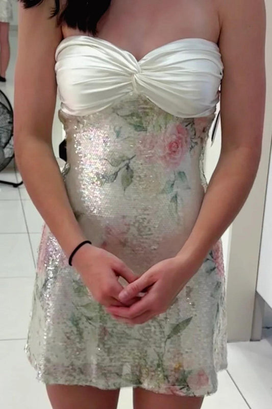 Strapless Sequin Floral Mini Dress with Bow Back
