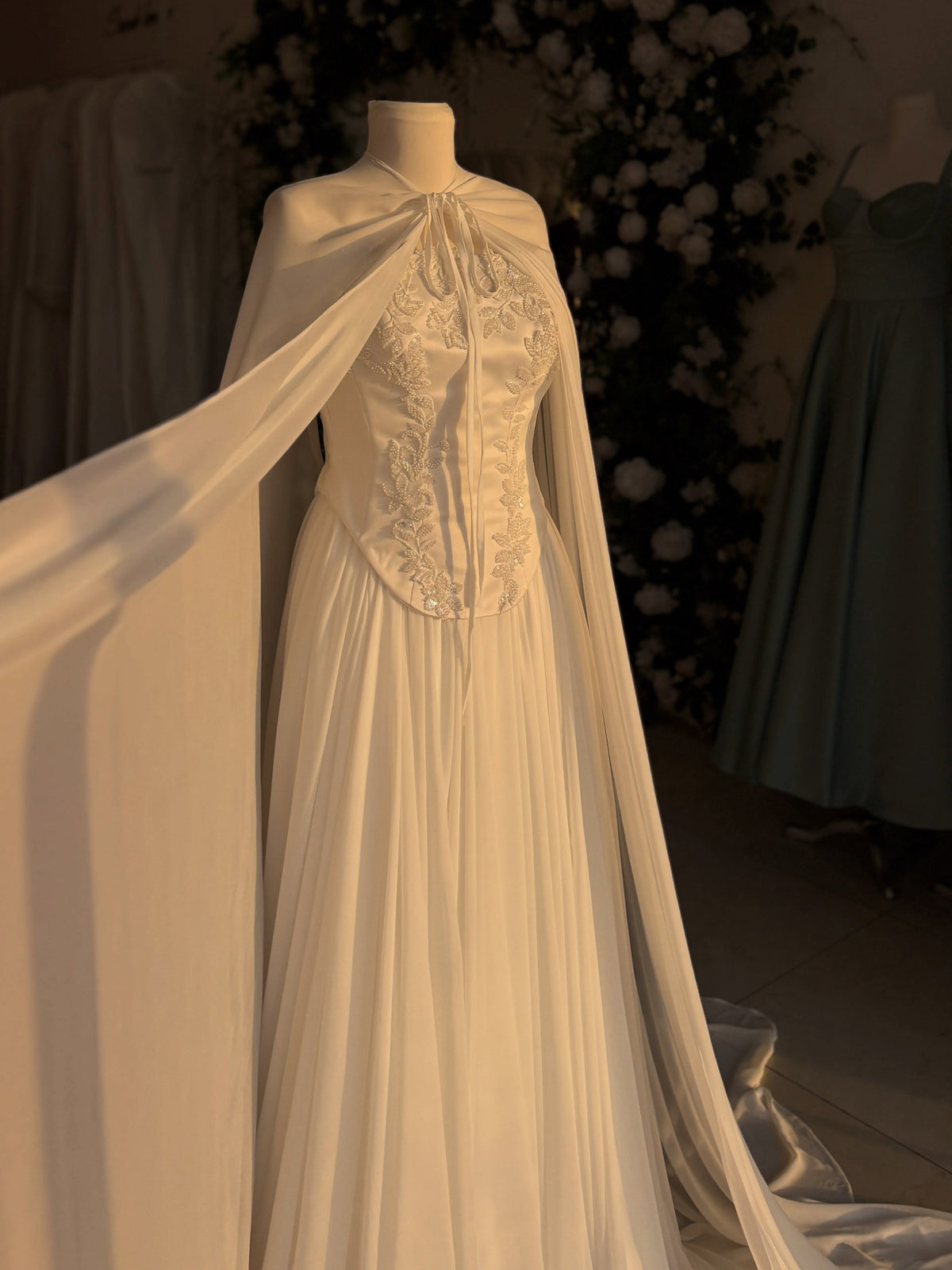 Embroidered Corset Bridal Gown with Sheer Cape