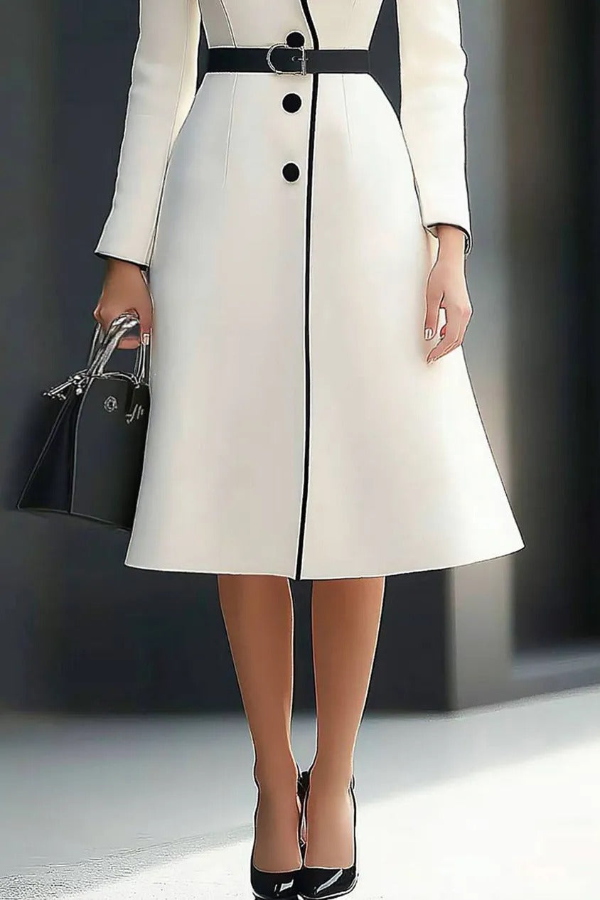 Long-Sleeve Belted Midi Coat Dress with Contrast Trim