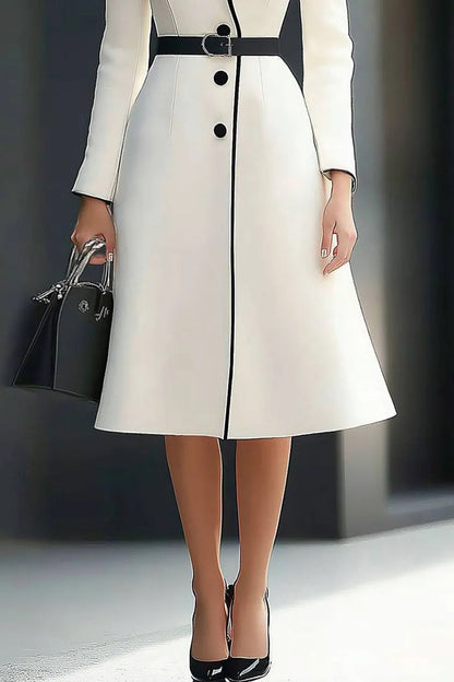 Long-Sleeve Belted Midi Coat Dress with Contrast Trim