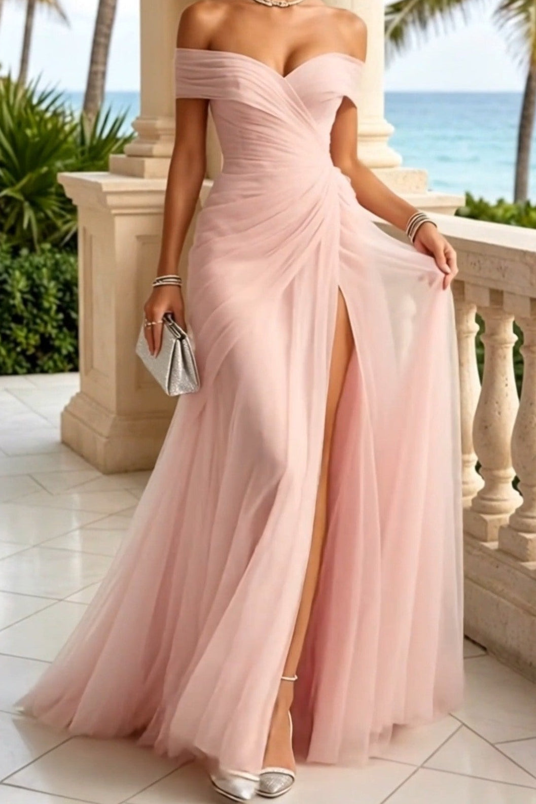 Off-the-Shoulder Ruched Tulle Gown with High Slit