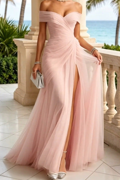 Off-the-Shoulder Ruched Tulle Gown with High Slit