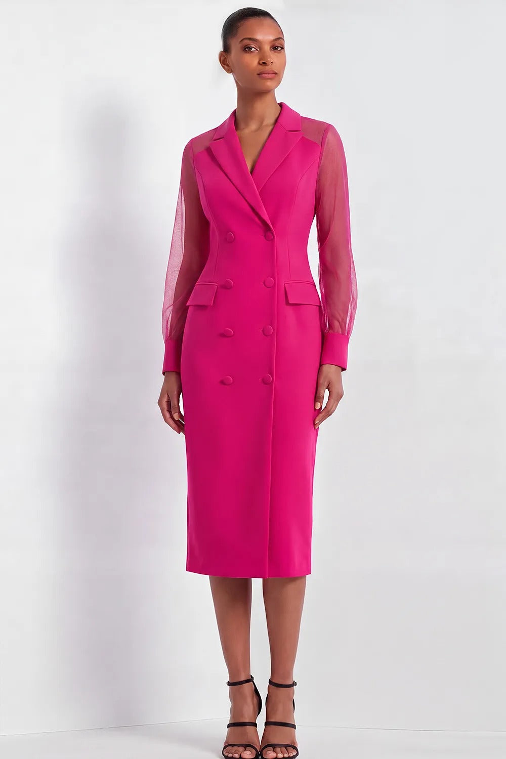 Sheer Sleeve Double-Breasted Midi Blazer Dress
