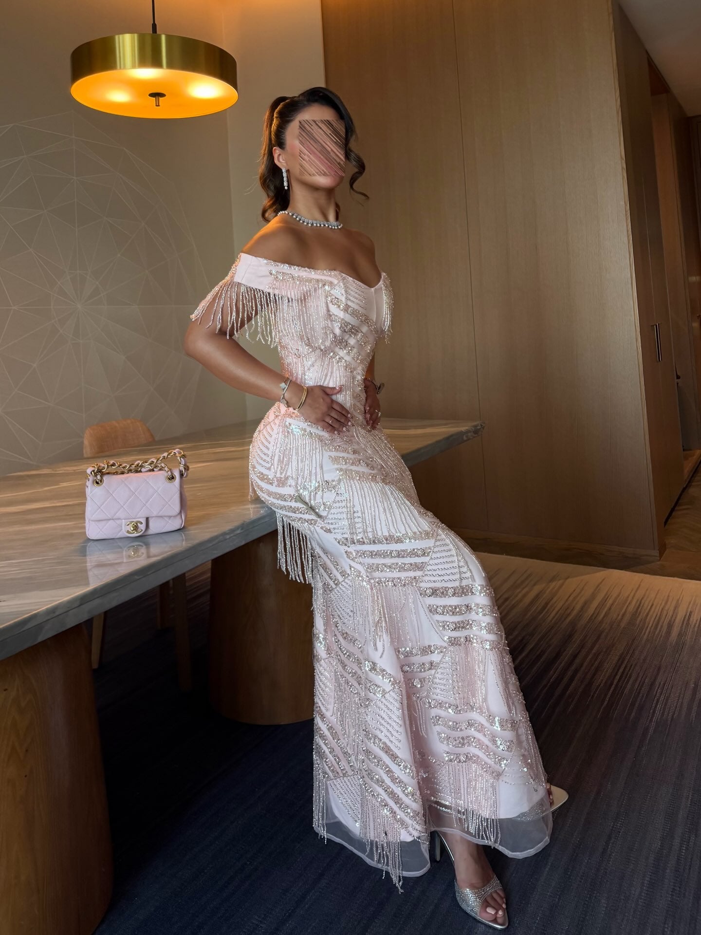 Off-Shoulder Fringe Sequin Mermaid Evening Gown