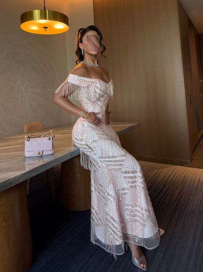 Off-Shoulder Fringe Sequin Mermaid Evening Gown