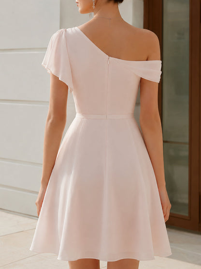 One-Shoulder Pleated Chiffon A-Line Short Dress