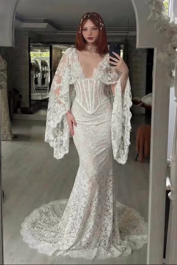 Lace Mermaid Wedding Dress with Corset & Cape Sleeves