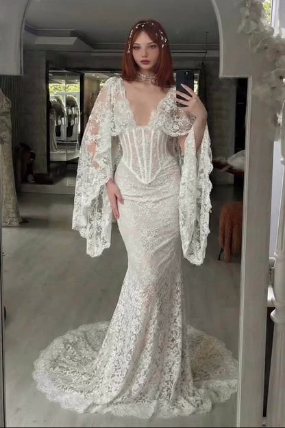 Lace Mermaid Wedding Dress with Corset & Cape Sleeves