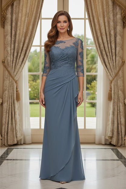 Illusion Lace Sleeve Evening Gown with Side-Draped Skirt