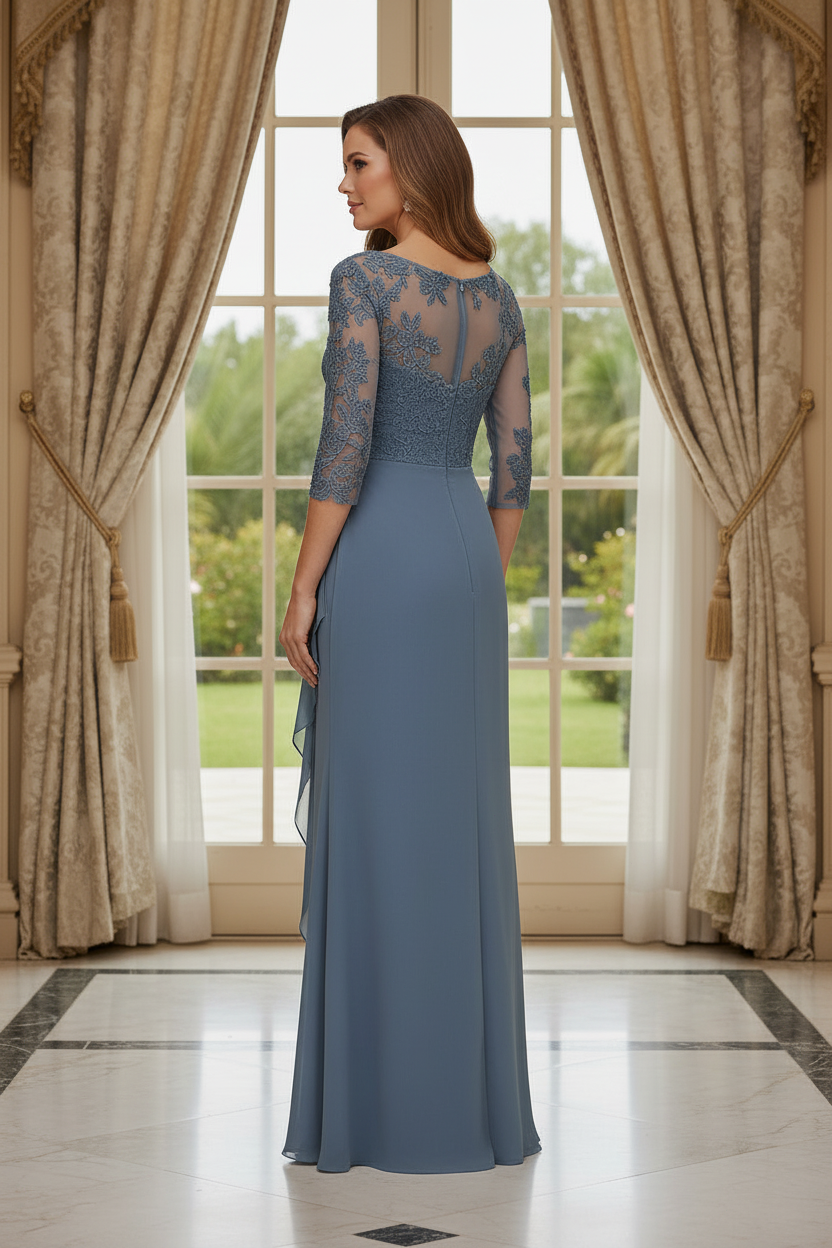 Illusion Lace Sleeve Evening Gown with Side-Draped Skirt