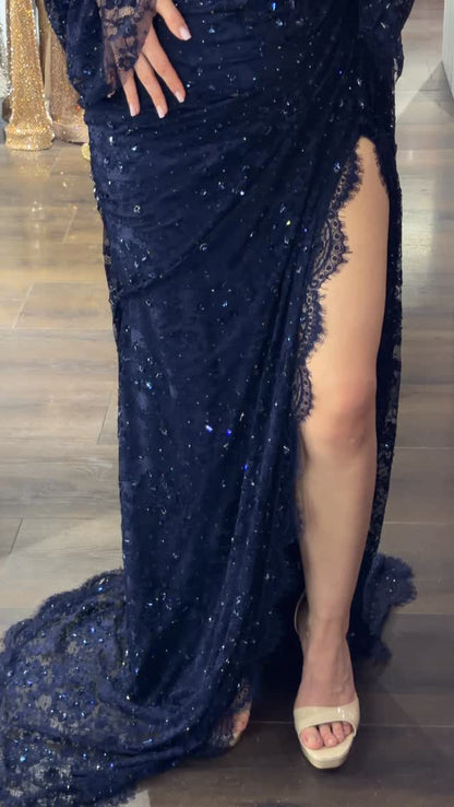 Beaded Lace Corset Gown with High Slit
