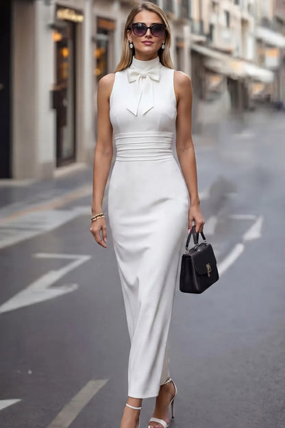 High Neck Bow Sleeveless Column Maxi Dress