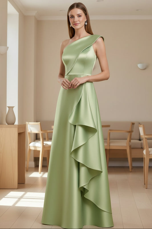 Sage Green One Shoulder Satin A-Line Gown with Cascading Ruffles | Mother of the Bride Dress