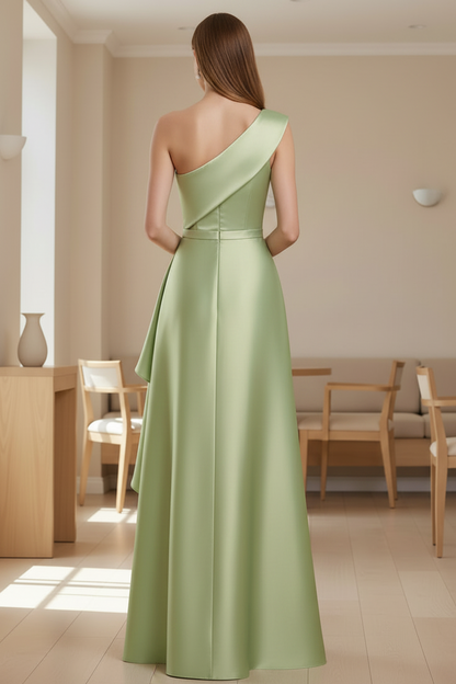 Sage Green One Shoulder Satin A-Line Gown with Cascading Ruffles | Mother of the Bride Dress