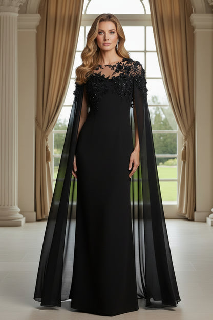 Illusion Lace Cape Sleeve Evening Gown