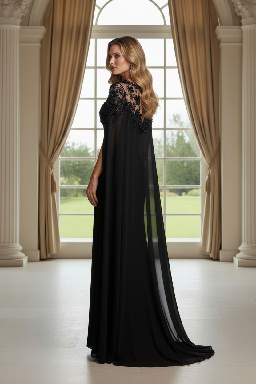 Illusion Lace Cape Sleeve Evening Gown